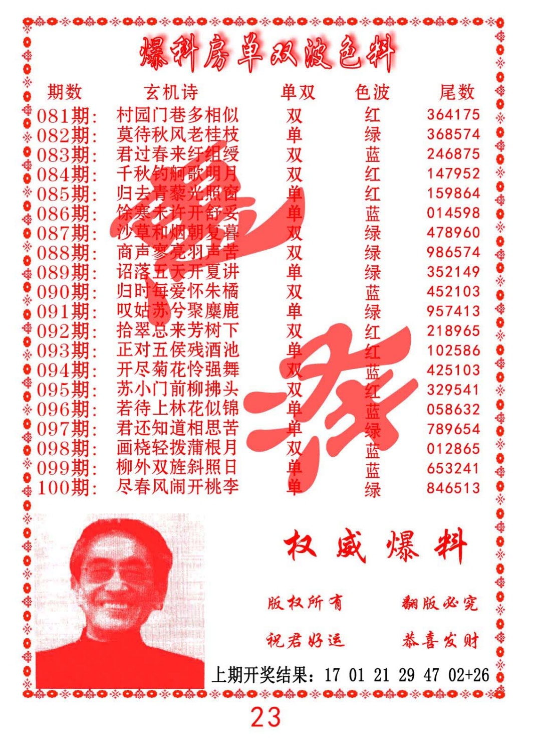 088期爆料房单双波色料[图]